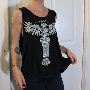 Black Sleeveless Flowy Top with Eagle Design